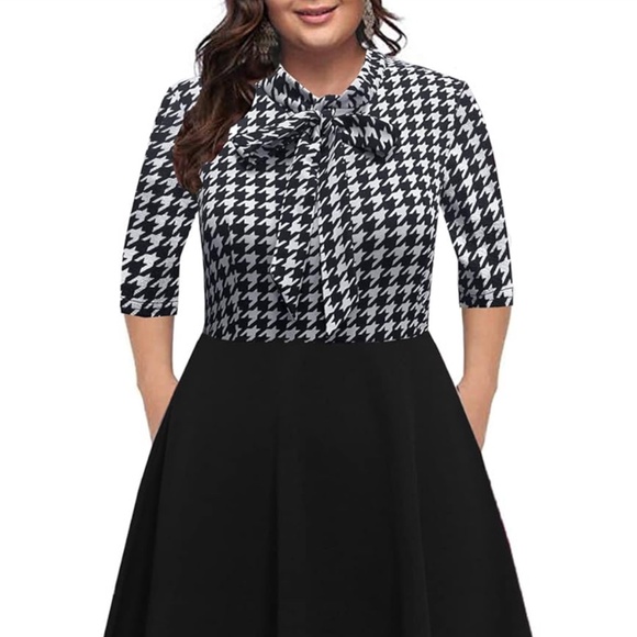 Bedoar Dresses & Skirts - ⏰ Bedoar Vintage Black and White Plaid Bow Tie V-neck 3/4 sleeve dress w/pockets